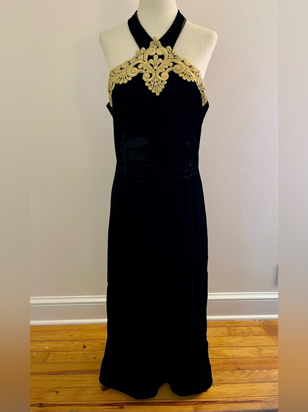 Vintage 90s Scott McClintock Black Velvet Gold Halter Gown Made in USA